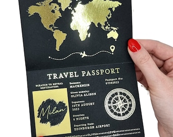 Gold Foil Passport Scratch & Reveal Travel Ticket Surprise Gift Card. Holiday announcement for valentines, anniversary, birthday trip away