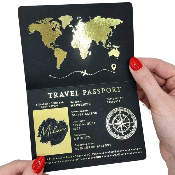 Gold Foil Passport Scratch & Reveal Travel Ticket Surprise Gift Card. Holiday announcement for valentines, anniversary, birthday trip away