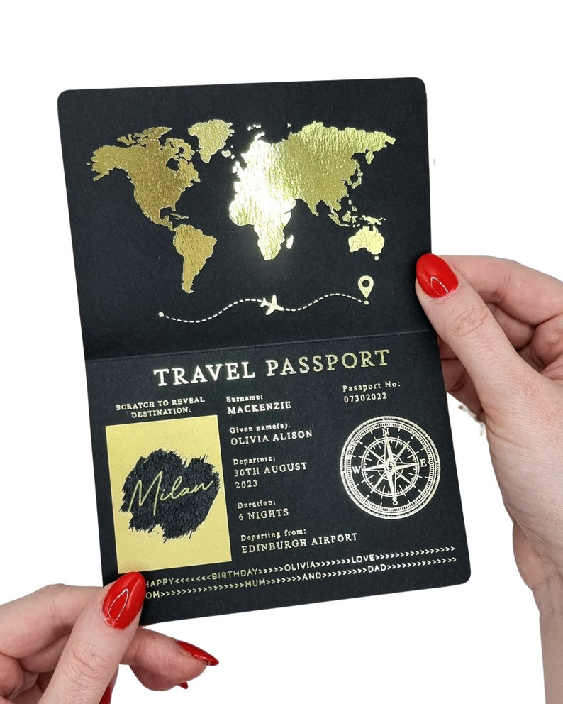 Gold Foil Passport Scratch & Reveal Travel Ticket Surprise Gift Card. Holiday announcement for valentines, anniversary, birthday trip away image 1