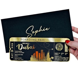 Faire-part de fête des fêtes sur la carte d'embarquement feuille d'or, Billet personnalisé, Billet doré, Week-end surprise, Billet de voyage, Cadeau de voyage d'anniversaire
