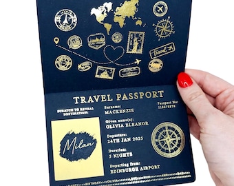 Gold Foil Passport Scratch & Reveal Travel Ticket Surprise Gift Card. Holiday announcement for valentines, anniversary, birthday trip away