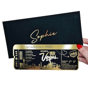 Faire-part de fête des fêtes sur la carte d'embarquement feuille d'or, Billet personnalisé, Billet doré, Week-end surprise, Billet de voyage, Cadeau de voyage d'anniversaire