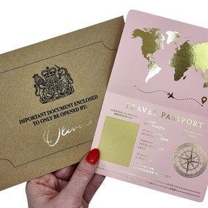 Gold Foil Passport Scratch & Reveal Travel Ticket Surprise Gift Card. Perfect for valentines, holiday, anniversary, birthday, trips away