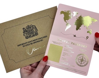 Gold Foil Passport Scratch & Reveal Travel Ticket Surprise Gift Card. Perfect for valentines, holiday, anniversary, birthday, trips away