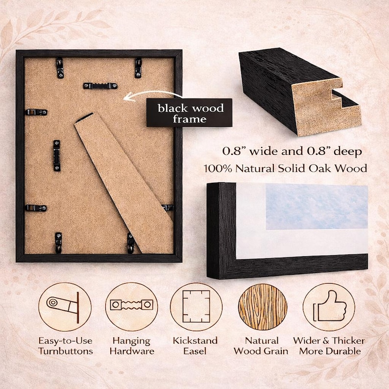 The image is a detailed description of a black wood frame, including its dimensions, materials, and features.