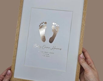 Personalised Baby Hand & Footprint Foil Print, New Baby Keepsake Gift, Birth Announcement Print, Free Ink Kit, Nursery Wall Art, Baby Foot