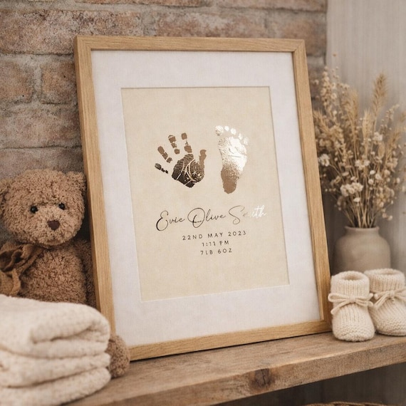 Personalized Baby Handprint Footprint Foil Art, Keepsake Gift, Ink Kit Included