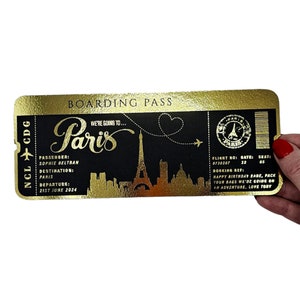 Carte d'embarquement, billet doré, week-end surprise, billet de voyage, cadeau de voyage pour un événement spécial, billet personnalisé