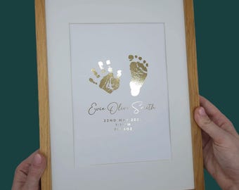 Personalised Baby Hand & Footprint Print: Foil Nursery Keepsake, Inkless Kit Included