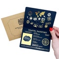 Gold Foil Passport Scratch & Reveal Travel Ticket Surprise Gift Card. Holiday announcement for valentines, anniversary, birthday trip away