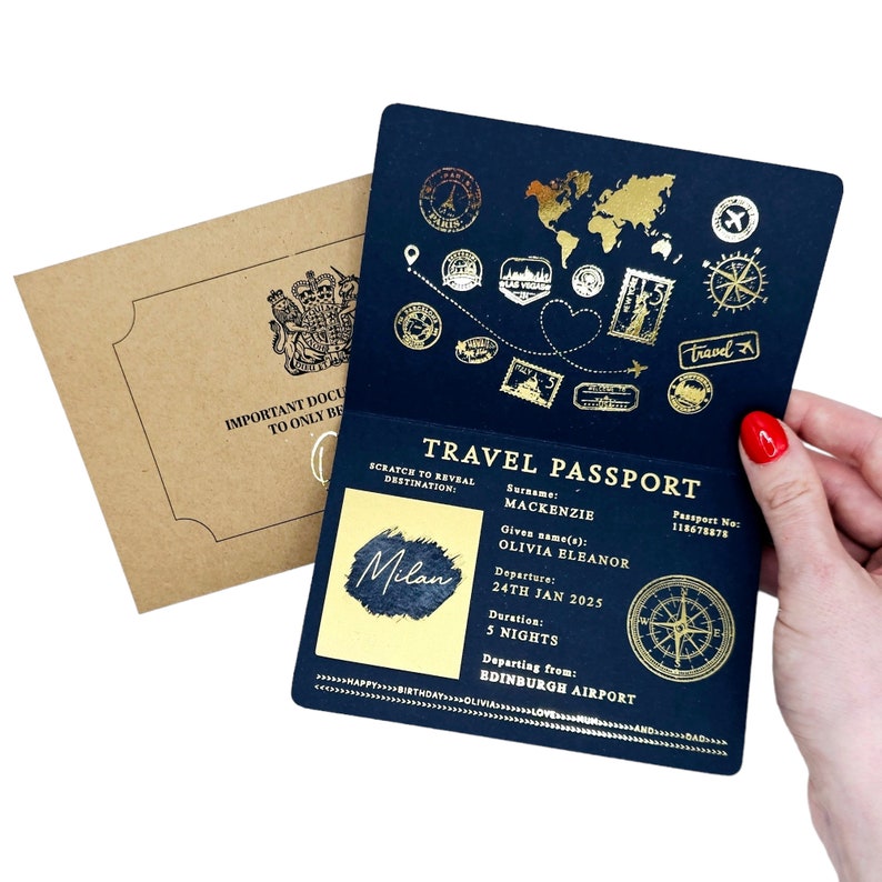 Cartão-presente surpresa para passaporte com raspadinha e revelação de bilhete de viagem em folha de ouro. Anúncio de feriado para namorados, aniversário, viagem de aniversário imagem 1