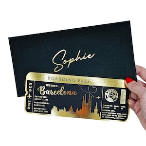 Faire-part de fête des fêtes sur la carte d'embarquement feuille d'or, Billet personnalisé, Billet doré, Week-end surprise, Billet de voyage, Cadeau de voyage d'anniversaire