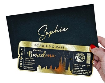 Gold Foil Boarding Pass Holiday Reveal, Personalized Travel Ticket