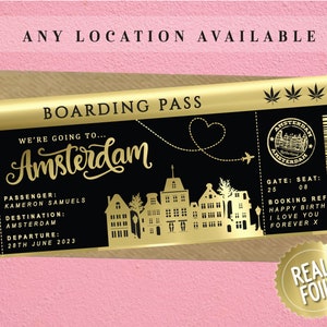 Amsterdam Foil Boarding Pass, Personalised Ticket, Holiday Reveal, Golden Ticket, Surprise Weekend, Travel Ticket, Birthday Trip Gift