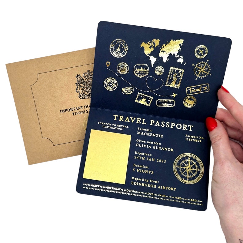 Cartão-presente surpresa para passaporte com raspadinha e revelação de bilhete de viagem em folha de ouro. Anúncio de feriado para namorados, aniversário, viagem de aniversário imagem 8