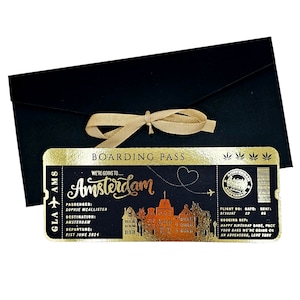 Amsterdam Foil Bordkarte, personalisiertes Ticket, Feiertagsoffenbarung, goldenes Ticket, Überraschungswochenende, Reisekarte, Geburtstagsreisegeschenk