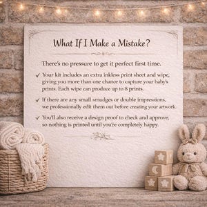 a sign with instructions on how to create a baby's first print, accompanied by a basket of baby items and a stuffed animal rabbit.