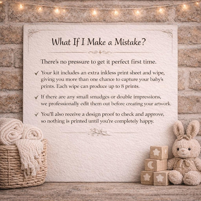 a sign with instructions on how to create a baby's first print, accompanied by a basket of baby items and a stuffed animal rabbit.