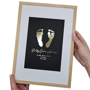 Personalised Baby Hand & Footprint Foil Print, New Baby Keepsake Gift, Birth Announcement Print, Free Ink Kit, Nursery Wall Art, Baby Foot