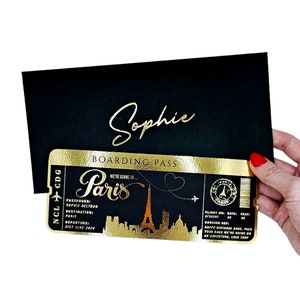 Faire-part de fête des fêtes sur la carte d'embarquement feuille d'or, Billet personnalisé, Billet doré, Week-end surprise, Billet de voyage, Cadeau de voyage d'anniversaire