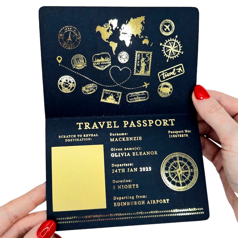 Cartão-presente surpresa para passaporte com raspadinha e revelação de bilhete de viagem em folha de ouro. Anúncio de feriado para namorados, aniversário, viagem de aniversário imagem 3