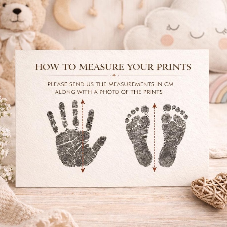 a sign that instructs to send measurements of a person's hand and feet along with a photo of the prints.