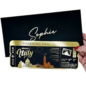 Faire-part de fête des fêtes sur la carte d'embarquement feuille d'or, Billet personnalisé, Billet doré, Week-end surprise, Billet de voyage, Cadeau de voyage d'anniversaire