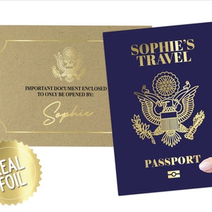 Carte-cadeau surprise de billet de voyage à gratter et à révéler pour passeport américain feuille d'or. Parfait pour la Saint-Valentin, les vacances, un anniversaire, un anniversaire, des voyages