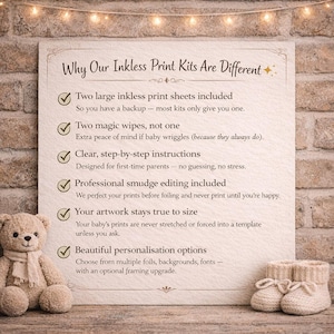 a sign with text and two teddy bears sitting in front of it. The sign is titled "Why Our Inkless Print Kits Are Different" and lists various features of the kits, such as two large inkless print sheets, two magic wipes, clear instructions, professional smudge editing, and personalisation options.