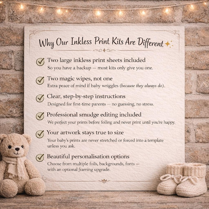 a sign with text and two teddy bears sitting in front of it. The sign is titled "Why Our Inkless Print Kits Are Different" and lists various features of the kits, such as two large inkless print sheets, two magic wipes, clear instructions, professional smudge editing, and personalisation options.