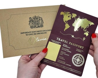 Gold Foil Passport Scratch & Reveal Travel Ticket Surprise Gift Card. Holiday announcement for valentines, anniversary, birthday trip away.