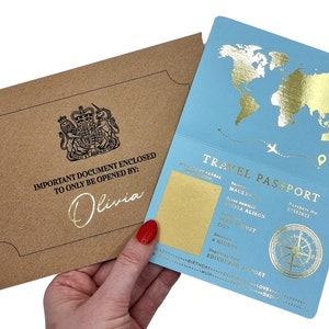 Gold Foil Passport Scratch & Reveal Travel Ticket Surprise Gift Card. Perfect for valentines, holiday, anniversary, birthday, trips away