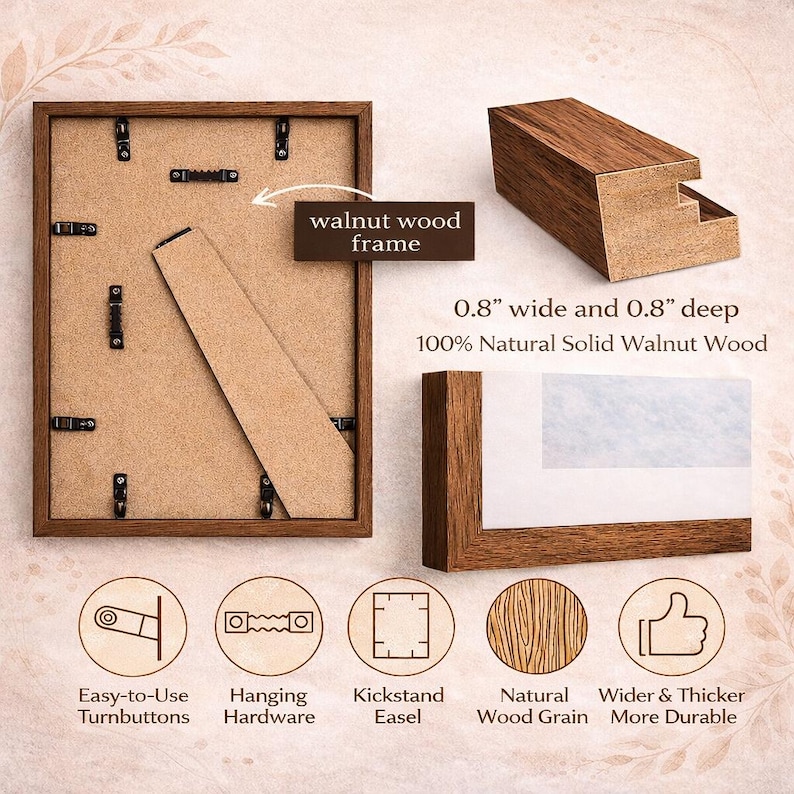 The image is a detailed description of a walnut wood frame, including its dimensions, materials, and features.