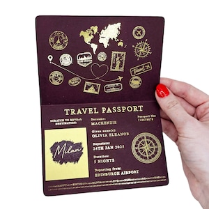 Gold Foil Passport Scratch & Reveal Travel Ticket Surprise Gift Card. Holiday announcement for valentines, anniversary, birthday trip away