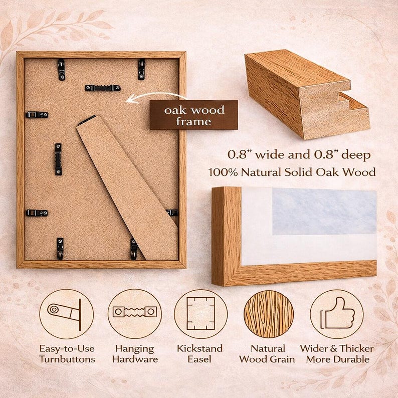 The image is a detailed description of a wooden frame, including its dimensions, materials, and features.