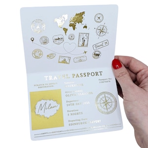 Carte-cadeau surprise de billet de voyage à gratter et à révéler en feuille d'or. Faire-part de vacances pour la Saint-Valentin, anniversaire, voyage d'anniversaire