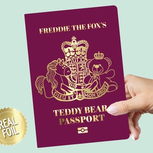 Pasaporte de oso de peluche de aluminio real personalizado con nombre e imagen, pasaporte de peluche, accesorios de peluche, regalo de Navidad para niños