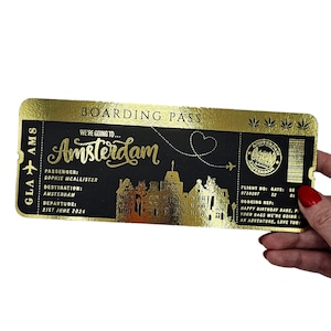 Carte d'embarquement, billet doré, week-end surprise, billet de voyage, cadeau de voyage pour un événement spécial, billet personnalisé