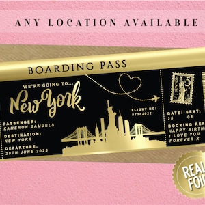 Carte d’embarquement New York Foil, Noël à New York, Billet personnalisé, Révélation de vacances, Billet d’or, Week-end surprise, Cadeau de voyage d’anniversaire