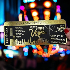 Las Vegas ou toute autre surprise des Fêtes révèle une carte d'embarquement en aluminium, un billet d'or, un week-end surprise, un billet de voyage personnalisé, un cadeau de voyage
