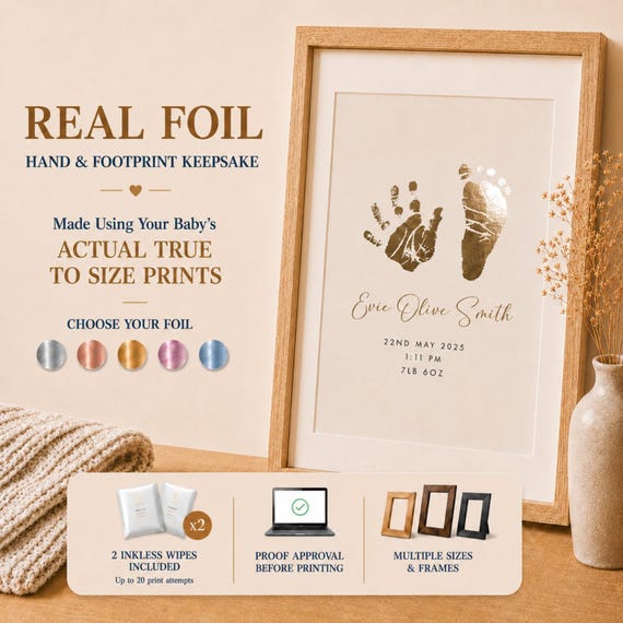 Personalised Baby Hand & Footprint Foil Print, New Baby Keepsake Gift, Birth Announcement Print, Free Ink Kit, Nursery Wall Art, Baby Foot