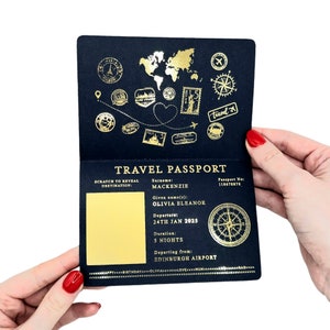 Cartão-presente surpresa para passaporte com raspadinha e revelação de bilhete de viagem em folha de ouro. Anúncio de feriado para namorados, aniversário, viagem de aniversário imagem 5