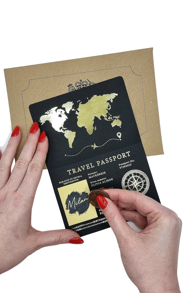 Gold Foil Passport Scratch & Reveal Travel Ticket Surprise Gift Card. Holiday announcement for valentines, anniversary, birthday trip away image 7