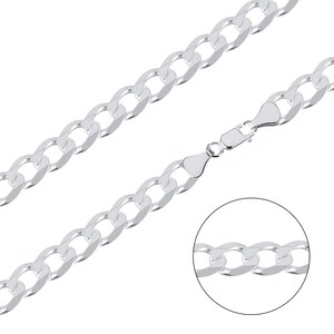 May include: A silver curb chain necklace with a lobster clasp closure. The chain is made of interlocking links that are flat and rectangular in shape.