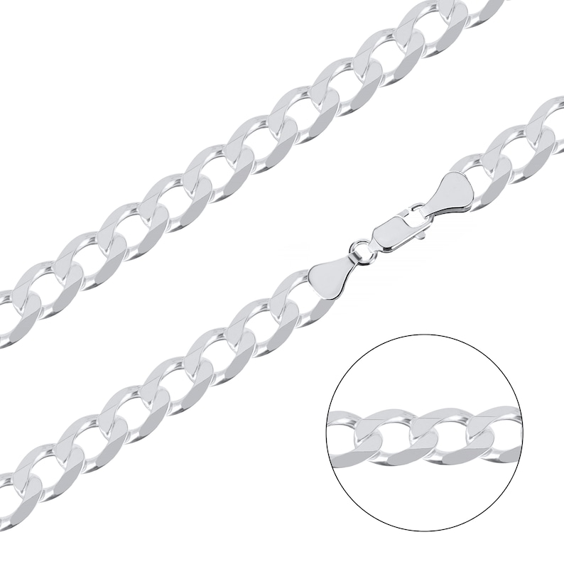 May include: A silver curb chain necklace with a lobster clasp closure. The chain is made of interlocking links that are flat and rectangular in shape.