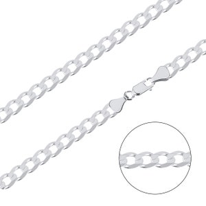 May include: A silver curb chain necklace with a lobster clasp closure. The chain is made of interlocking links that are flat and rectangular in shape.