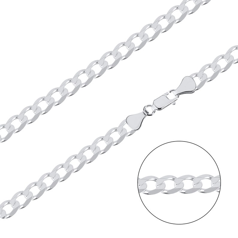 May include: A silver curb chain necklace with a lobster clasp closure. The chain is made of interlocking links that are flat and rectangular in shape.
