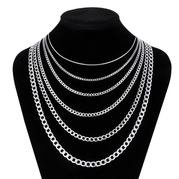 SOLID GENUINE Sterling Silver 925 CURB Chain Necklace,  for man , for woman  1 mm, 2 mm, 3 mm , 4 mm , 5 mm , 6 mm, 7 mm width