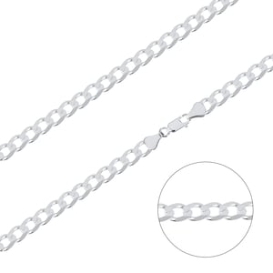 May include: A silver curb chain necklace with a lobster clasp closure. The chain is made of interlocking links that are flat and slightly curved.