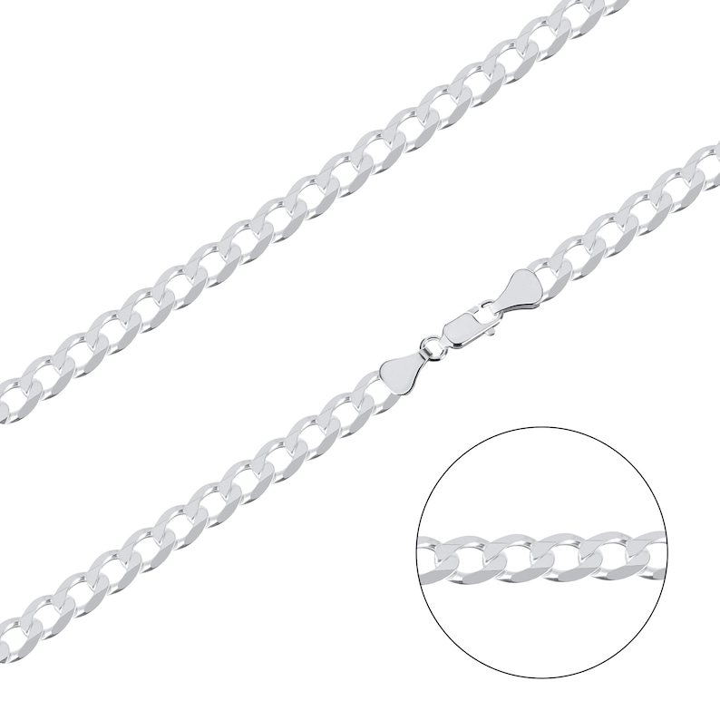 May include: A silver curb chain necklace with a lobster clasp closure. The chain is made of interlocking links that are flat and slightly curved.